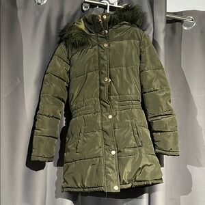 Girls Olive Green Quilted Puffer Coat with Fur-Trimmed Hood